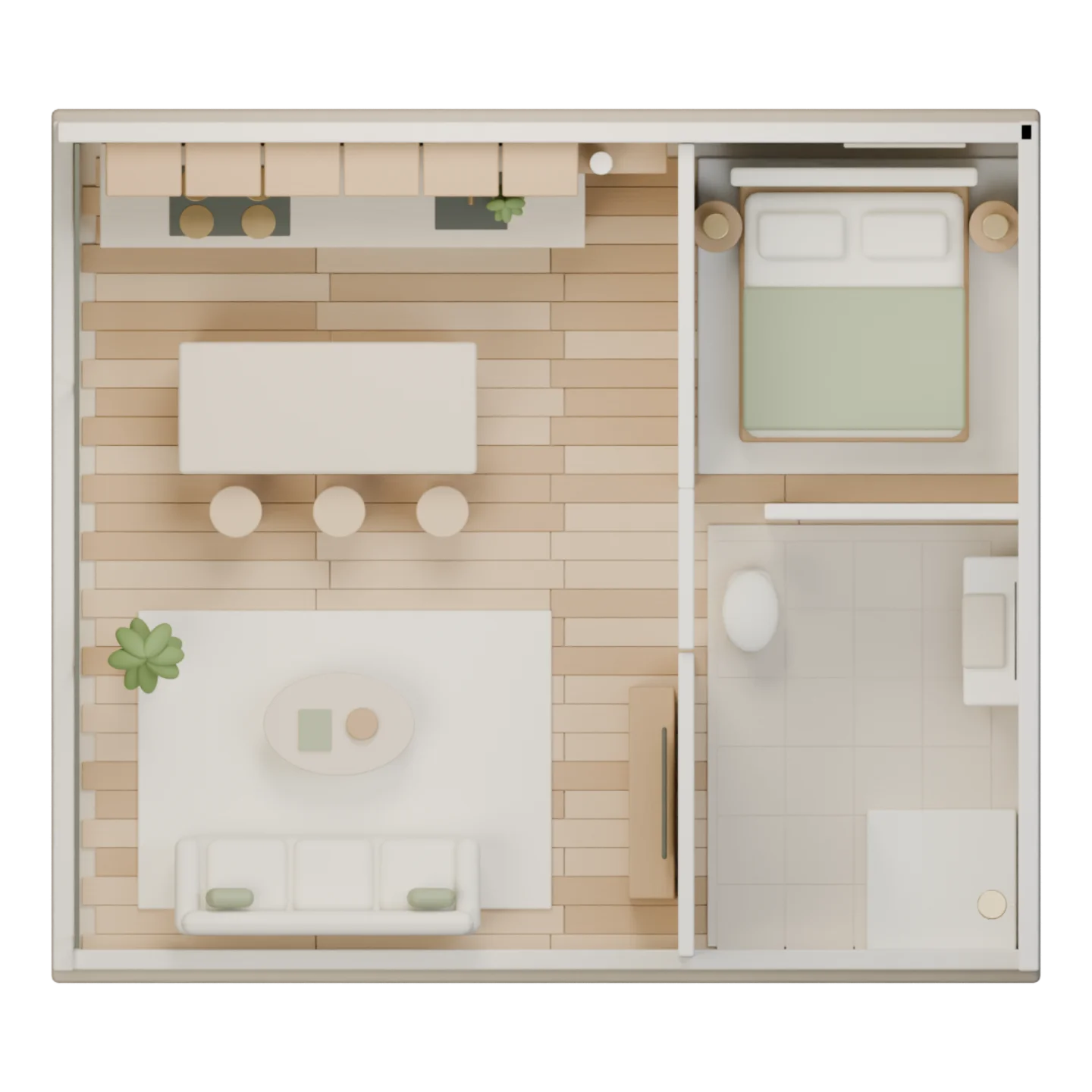 Plano en planta de un apartamento con las estancias amuebladas.