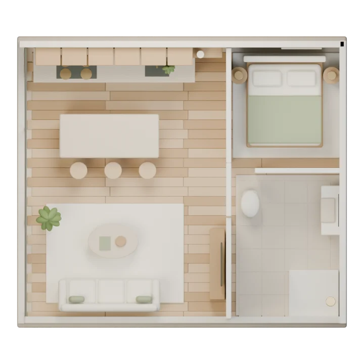 Plano conceptual de las zonas de estar, comedor, dormitorio y baño