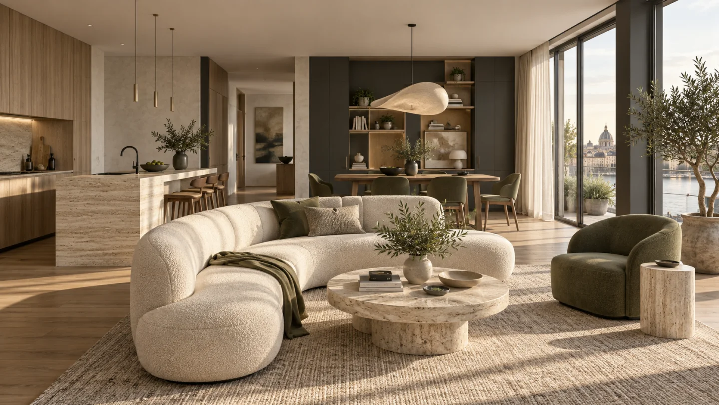 Salón con madera y luz suave