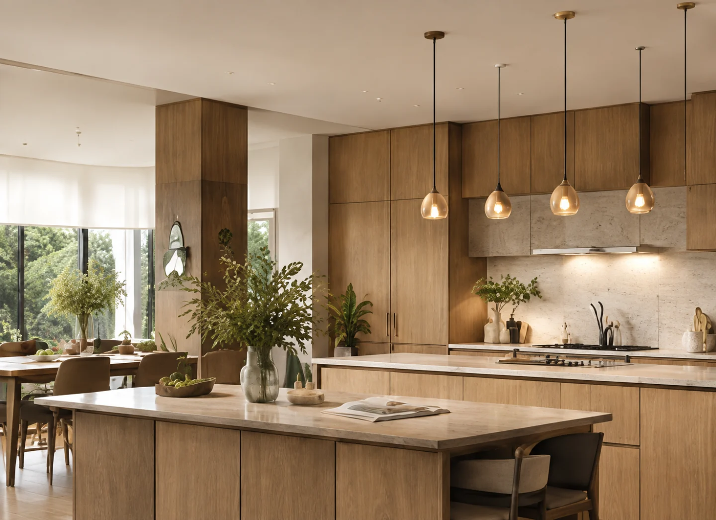Cocina con isla, frentes de madera y luz colgada sobre la zona de trabajo.