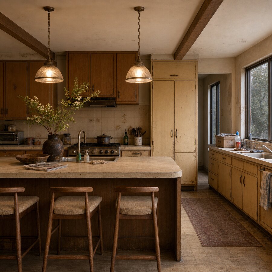 Cocina pequeña antes de una renovación visual con IA
